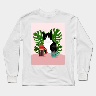 Tuxie Cat and Coffee Long Sleeve T-Shirt